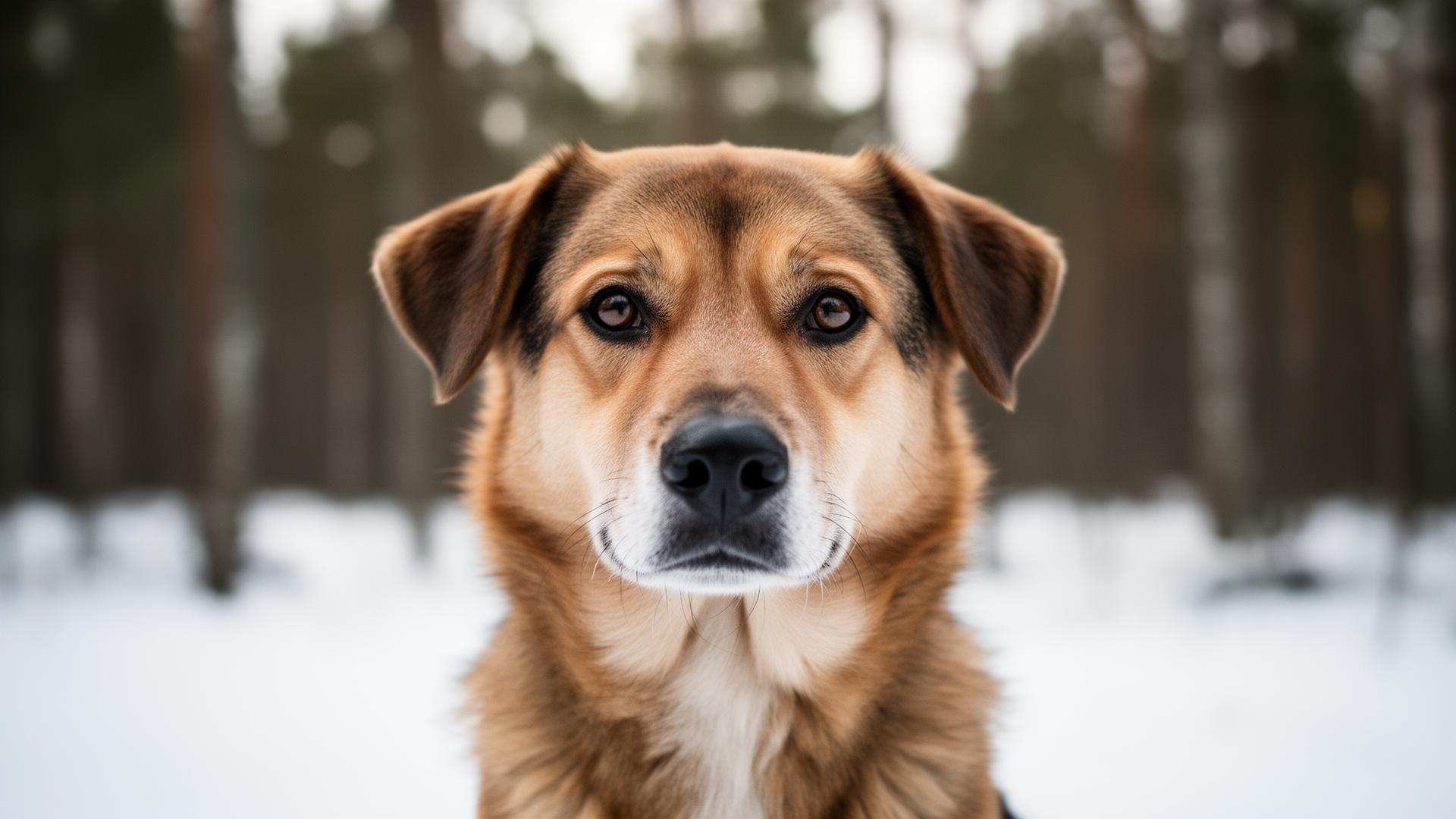 Aufmerksamer Hund in schwedischer Winterlandschaft